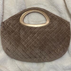 Quilted Taupe Plush Handbag with Gold-Tone Handle